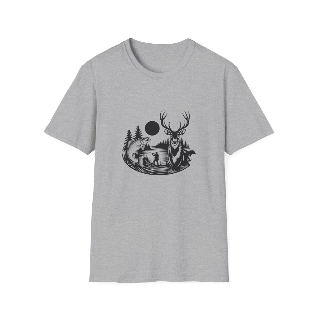 Deer & Fish Forest Silhouette T-Shirt — Rustic Outdoor Gift for Hunters Graphic Tee