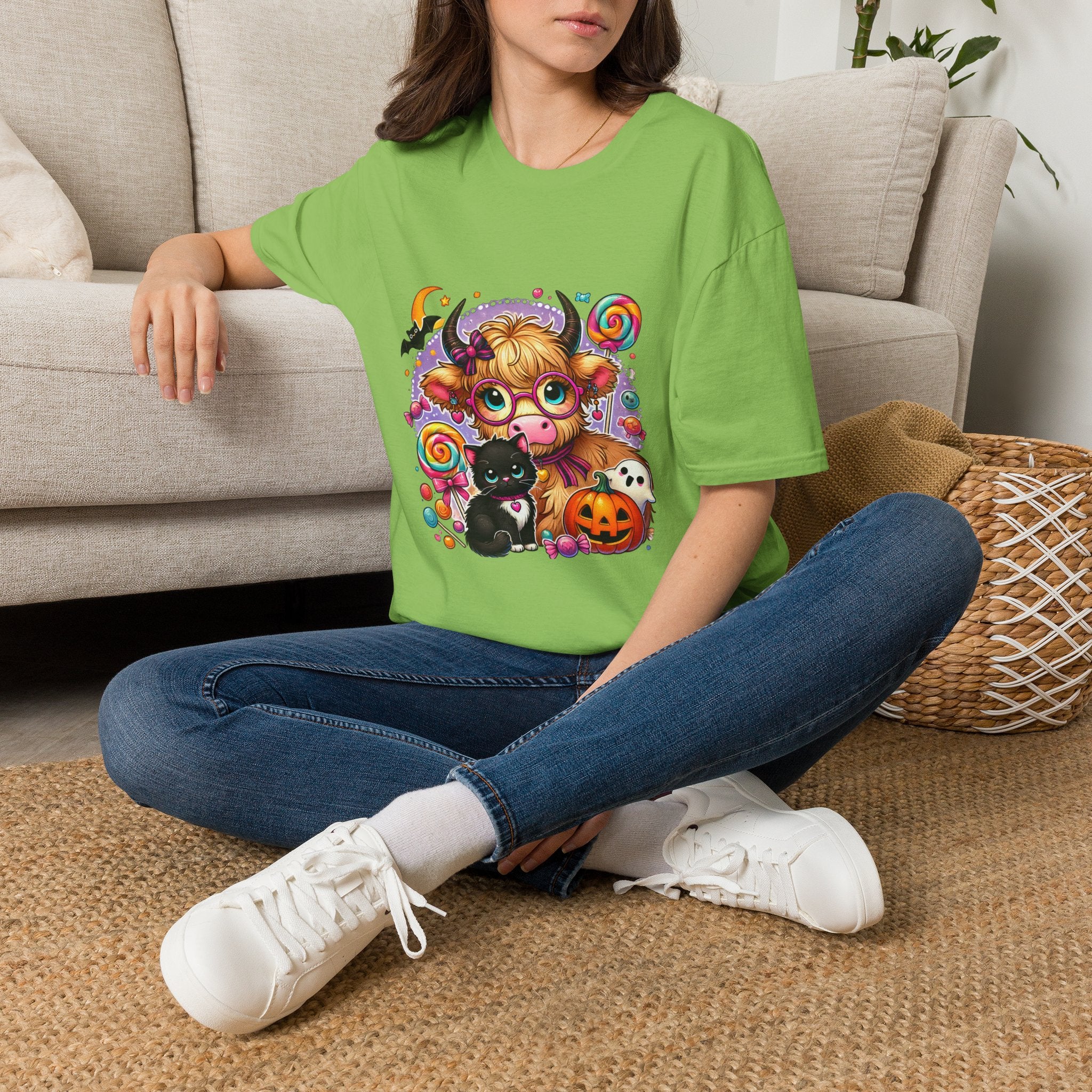 Cute Halloween Cow T-Shirt — Funny Gift for Her Candy Pumpkins & Kitty Costume Tee