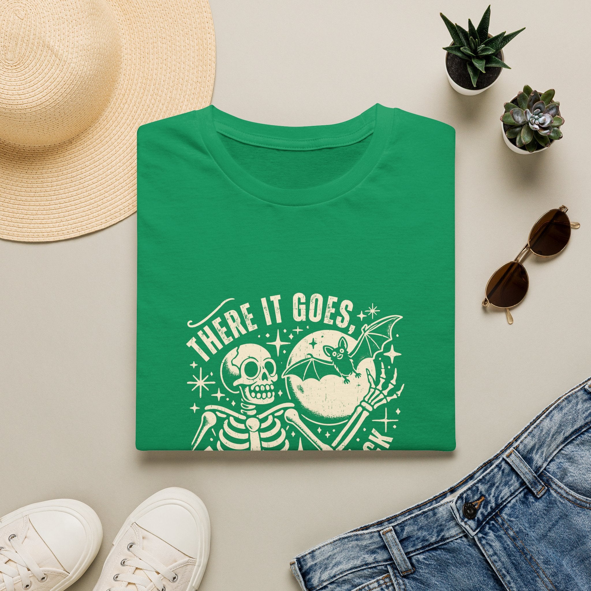 There It Goes Skull Moon & Bat T-Shirt — Cute Halloween Gift for Women Graphic Tee