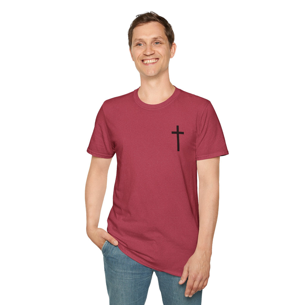 Man of Faith Rooted in Christ T-Shirt — Christian Gift for Him Flag & Cross Back Print Graphic Tee