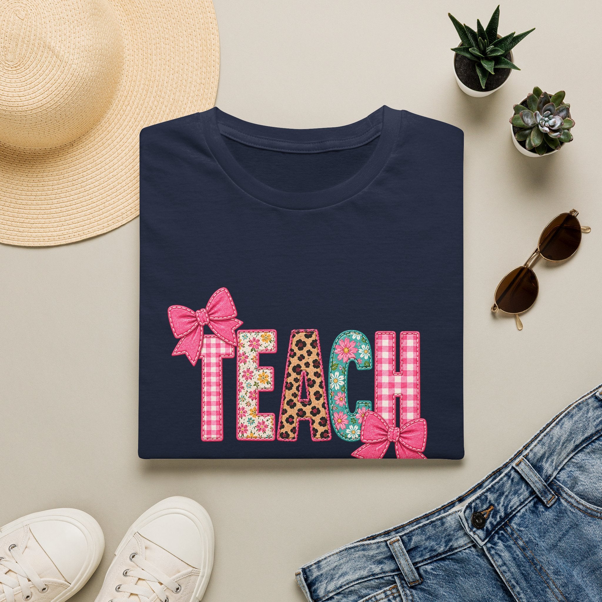Floral Leopard TEACH T-Shirt — Cute Back-to-School Gift for Teachers Pink Bow Tee