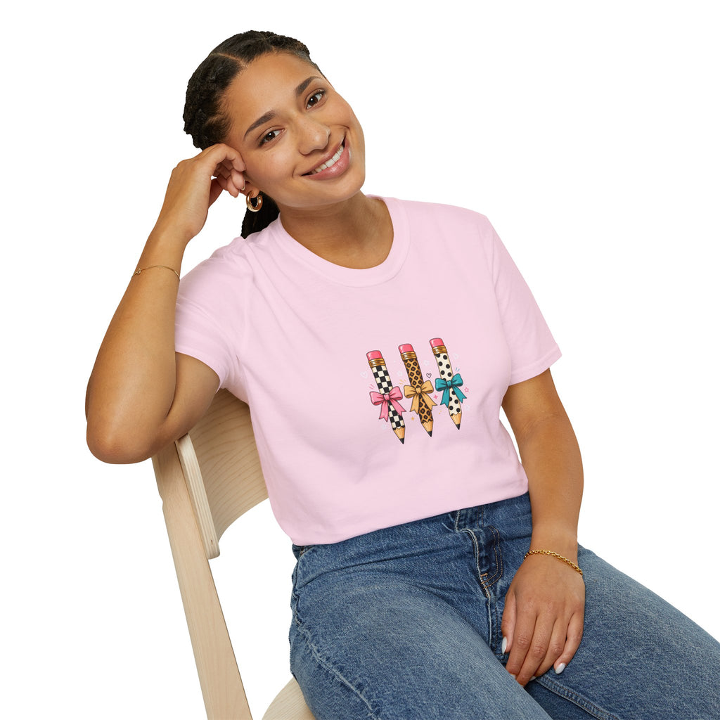Pencil Trio Graphic T-Shirt — Cute Patterned Pencils with Bows