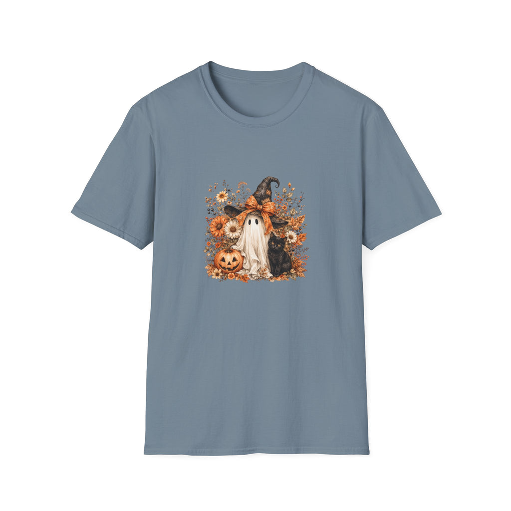 Halloween Witch Ghost & Cat T-Shirt — Cute Spooky Gift for Women Fall Floral Tee