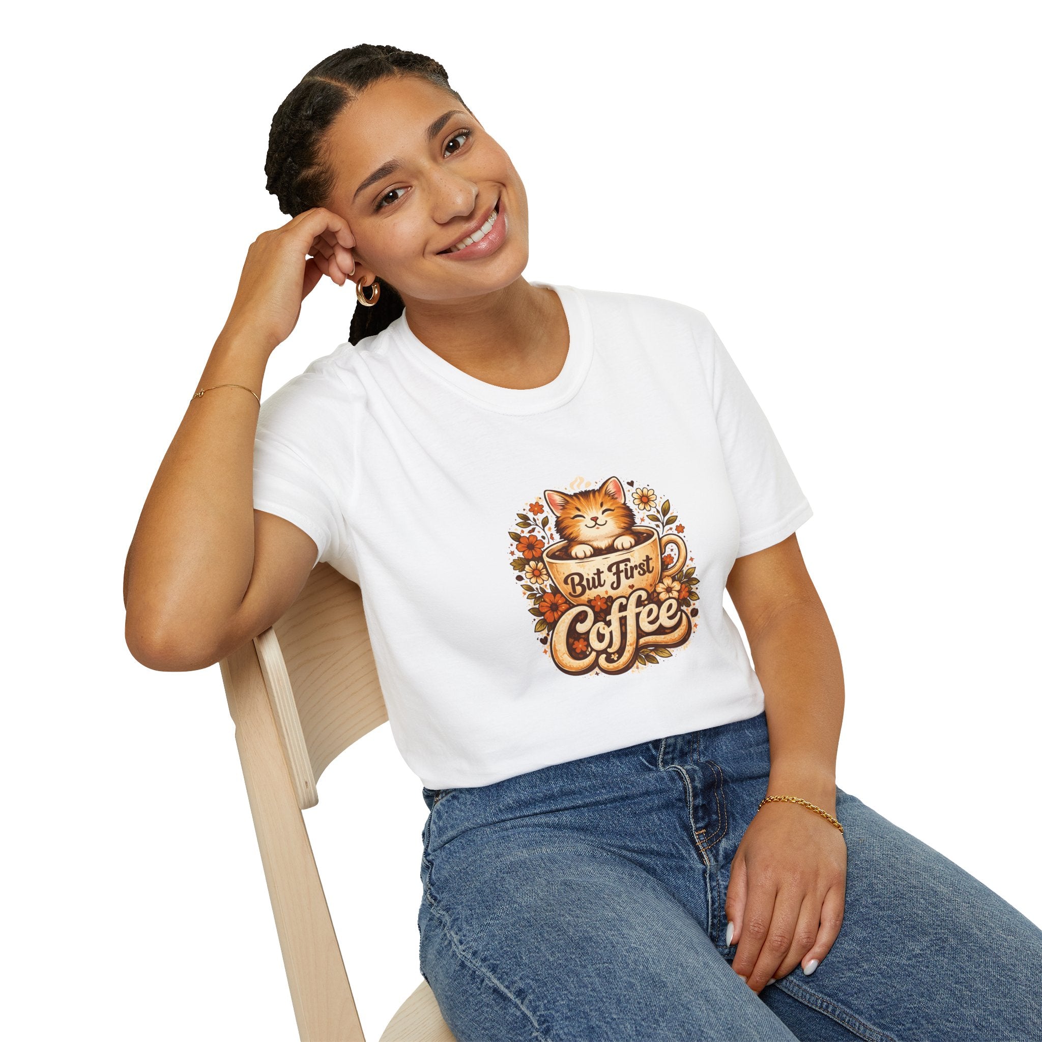 But First Coffee Cat T-Shirt — Cute Floral Gift for Coffee Lovers Women's Tee