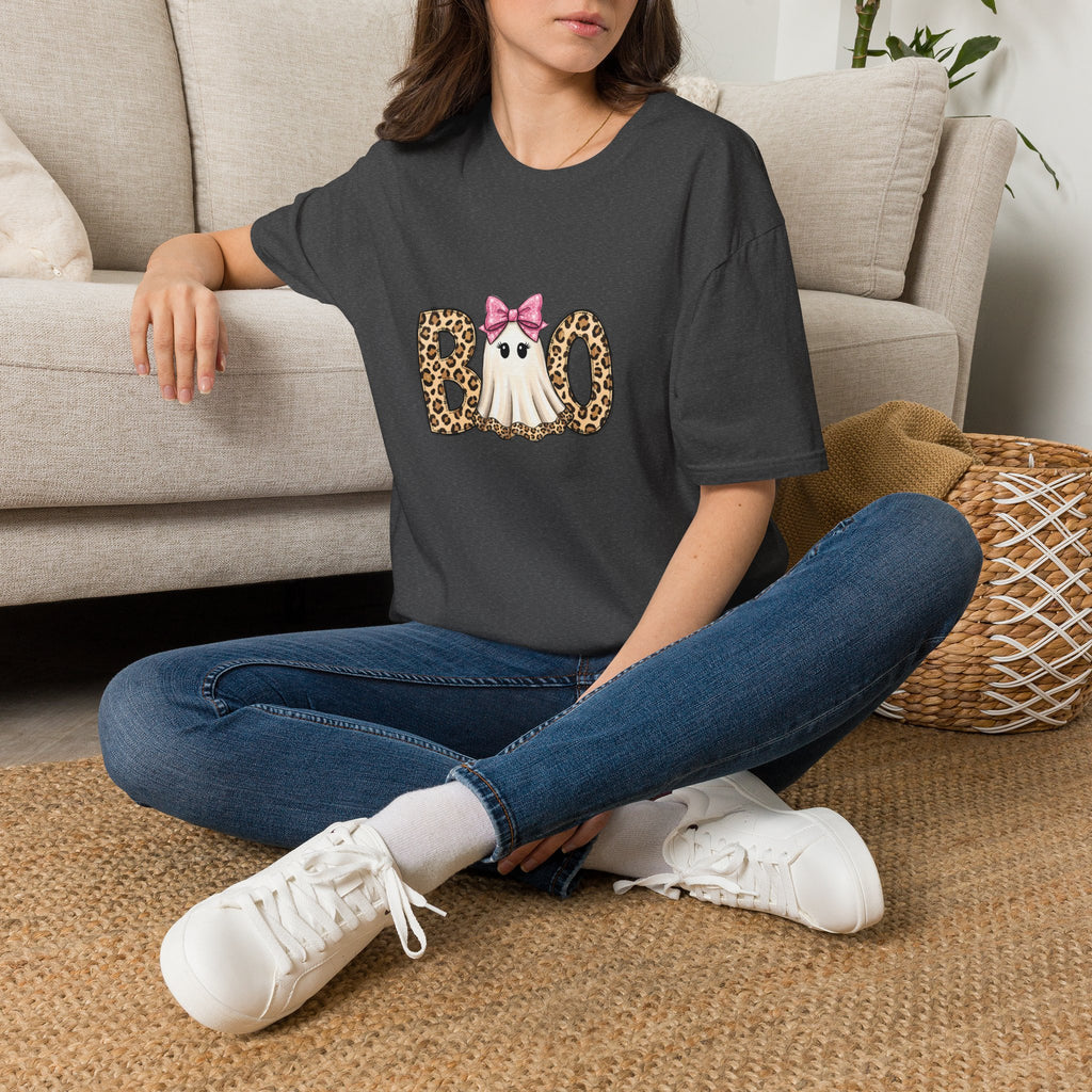 Boo Leopard Ghost T-Shirt — Cute Pink Bow Halloween Gift for Women Graphic Tee