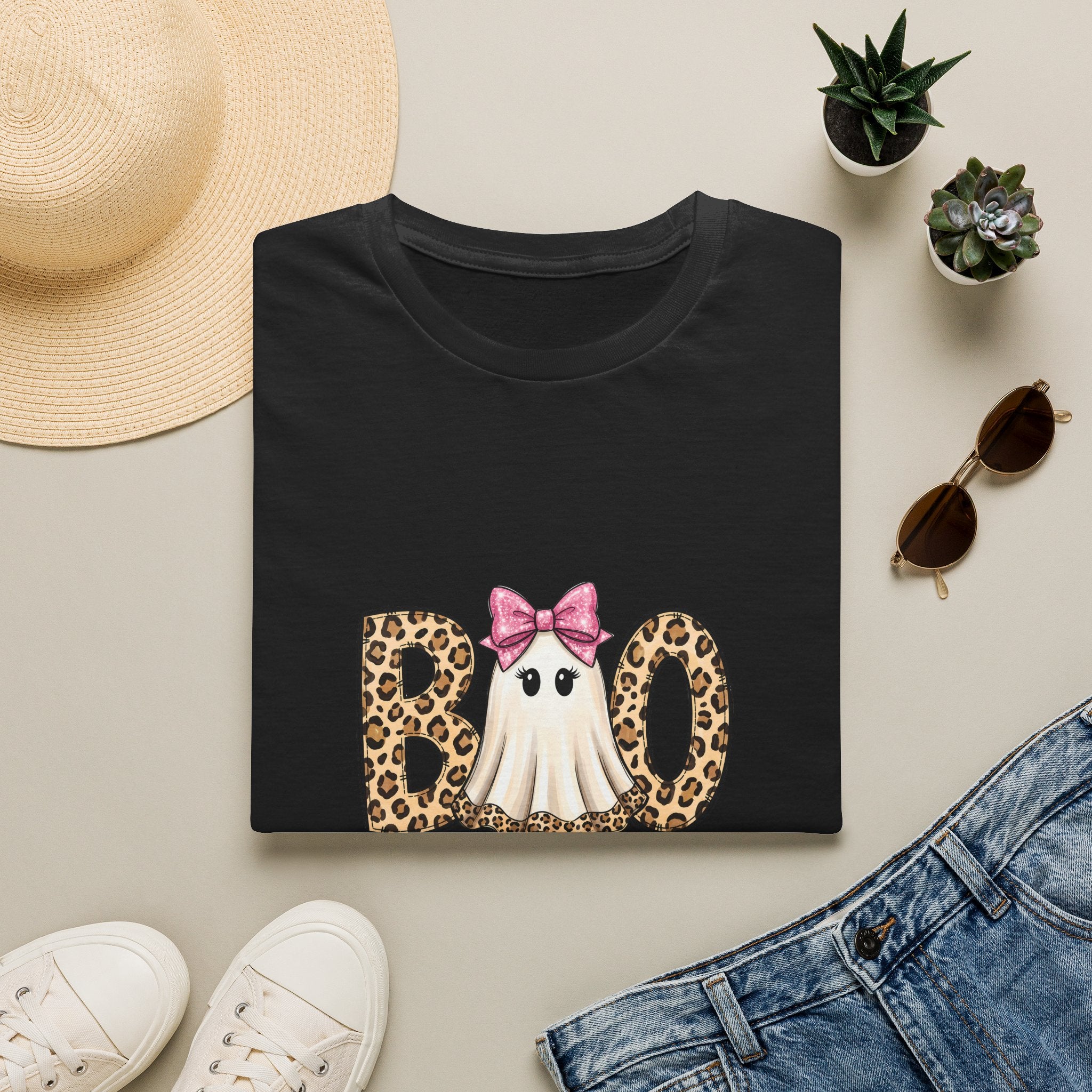 Boo Leopard Ghost T-Shirt — Cute Pink Bow Halloween Gift for Women Graphic Tee