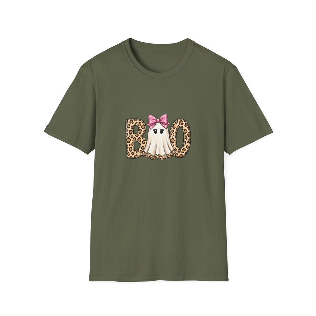 Boo Leopard Ghost T-Shirt — Cute Pink Bow Halloween Gift for Women Graphic Tee
