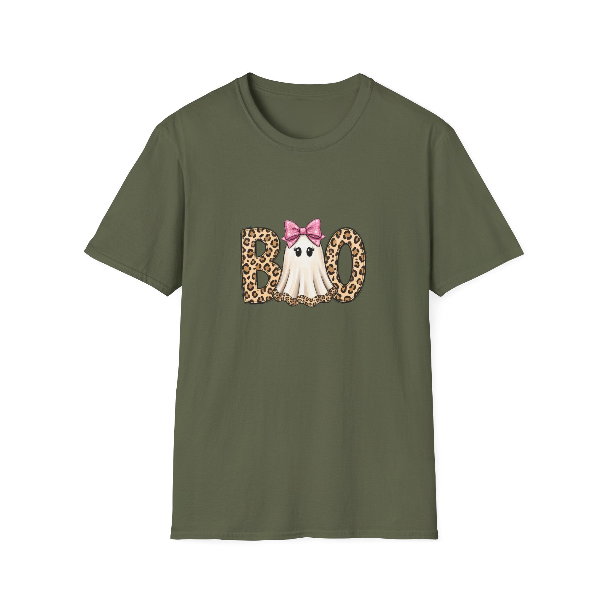 Boo Leopard Ghost T-Shirt — Cute Pink Bow Halloween Gift for Women Graphic Tee