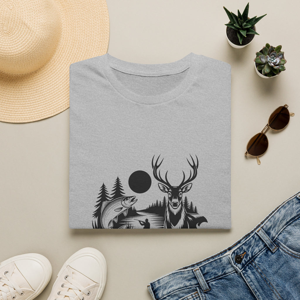 Deer & Fish Forest Silhouette T-Shirt — Rustic Outdoor Gift for Hunters Graphic Tee