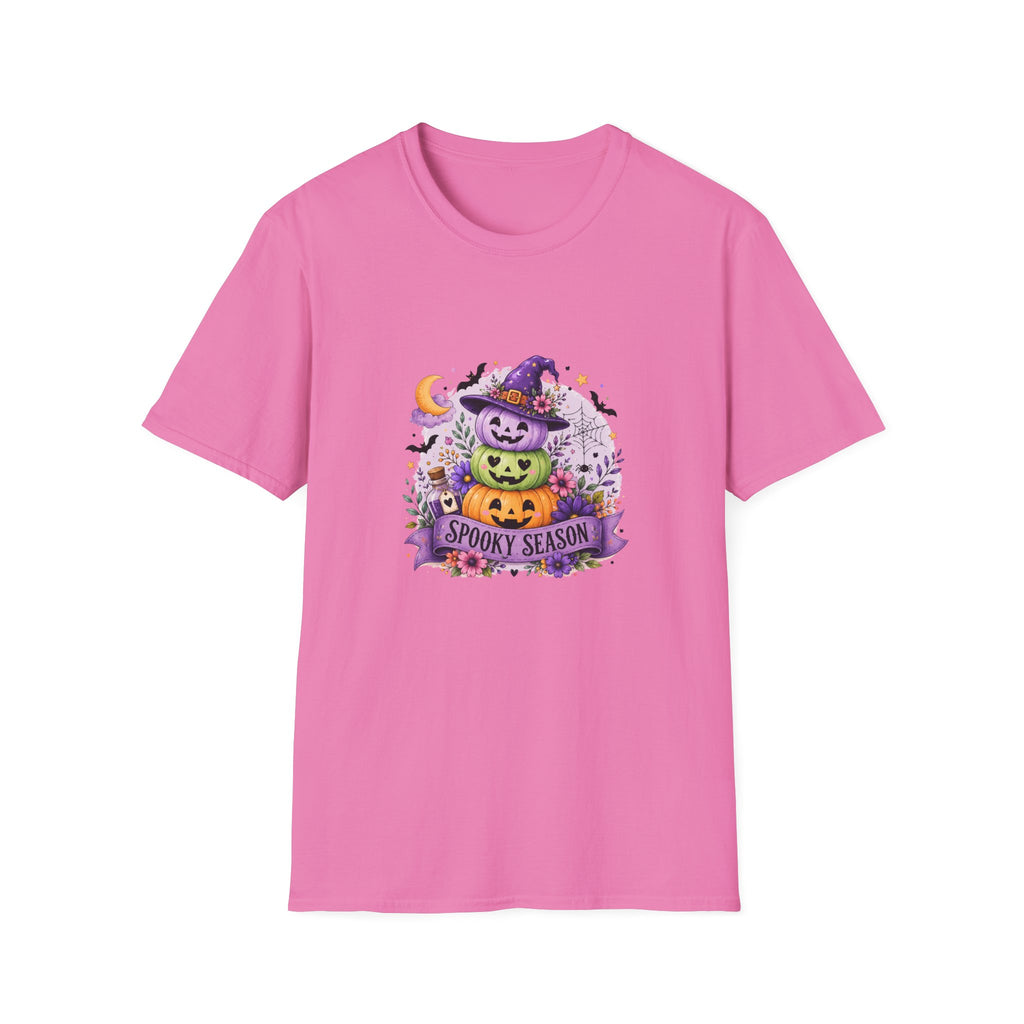 Spooky Season Pumpkin Stack T-Shirt — Cute Halloween Gift for Women Witch Hat Tee