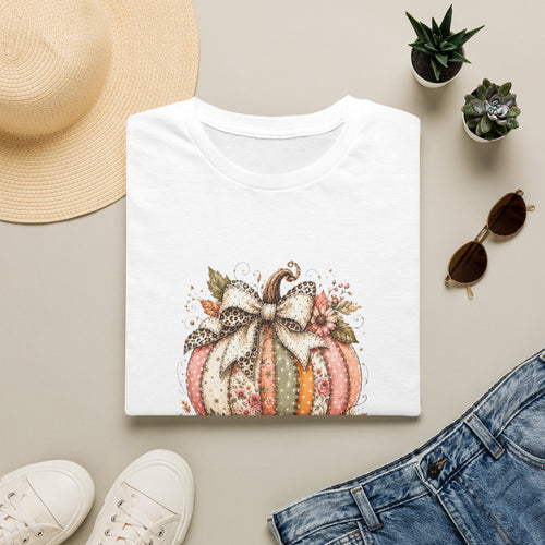 Autumn Floral Pumpkin Leopard Bow T-Shirt — Cute Fall Gift for Women Graphic Tee
