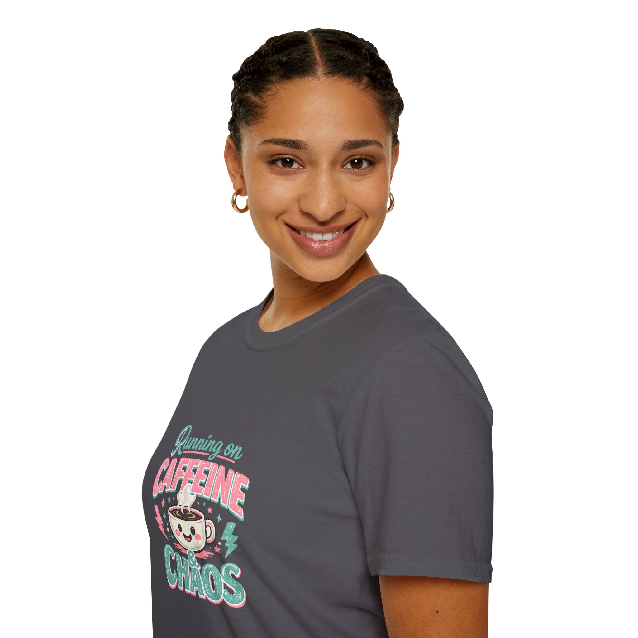 Running on Caffeine & Chaos T-Shirt — Funny Gift for Coffee Loving Moms Graphic Tee
