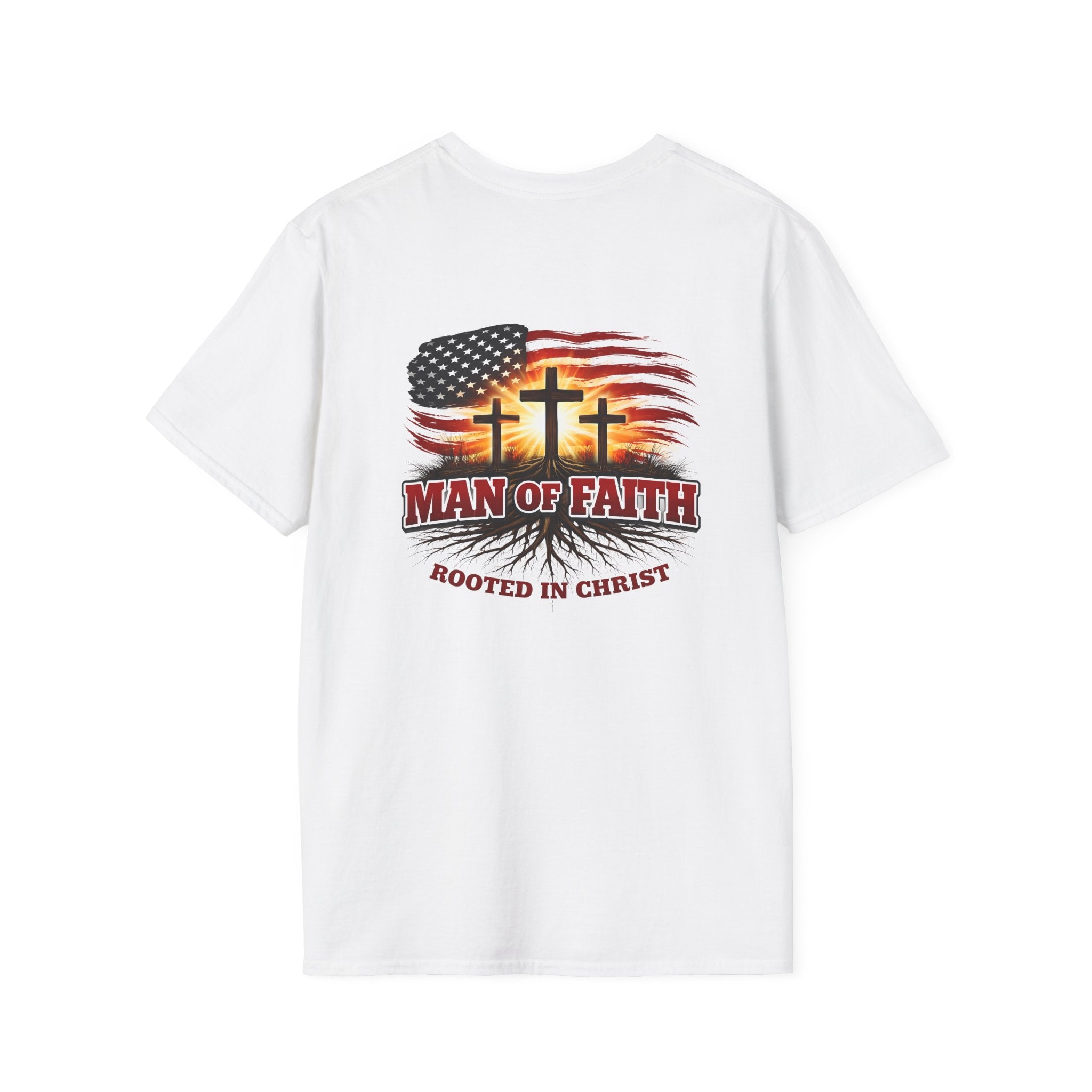 Man of Faith Rooted in Christ T-Shirt — Christian Gift for Him Flag & Cross Back Print Graphic Tee
