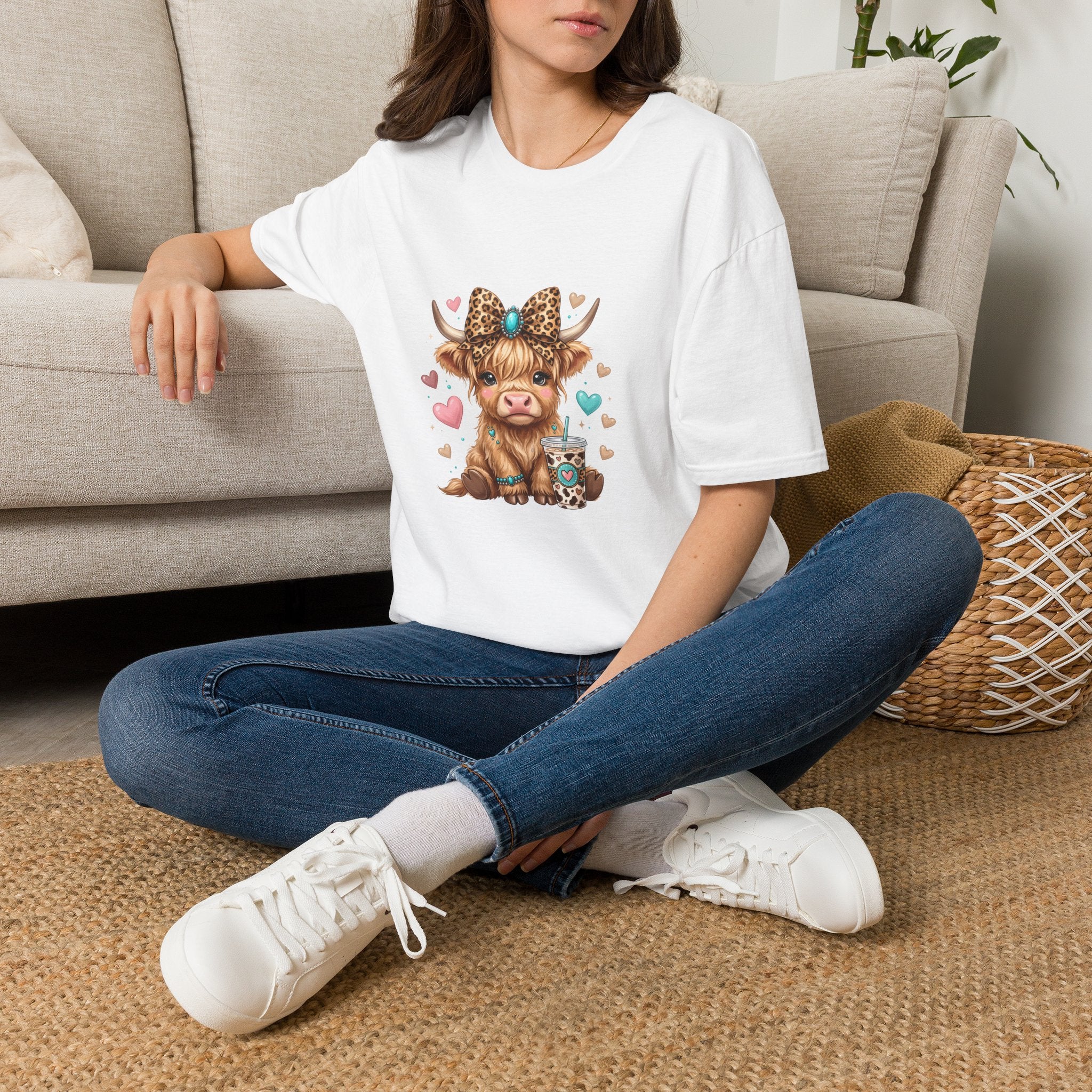 Highland Cow Leopard Bow T-Shirt — Cute Funny Gift for Her Hearts Graphic Tee
