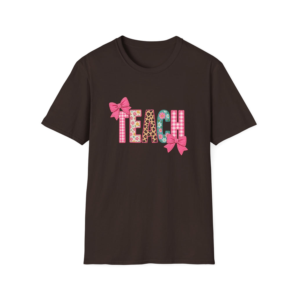 Floral Leopard TEACH T-Shirt — Cute Back-to-School Gift for Teachers Pink Bow Tee