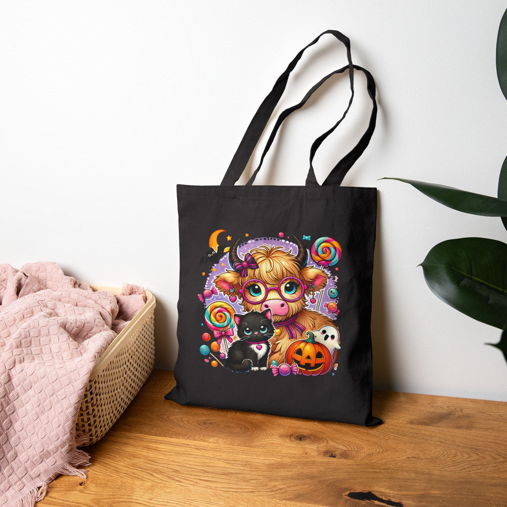 Halloween Cow Costume Canvas Tote Bag — Cute Funny Gift for Her Pumpkin & Cat Shopper