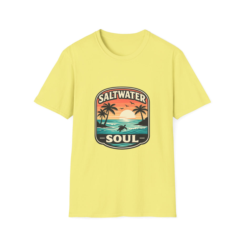 Saltwater Soul Retro Beach T-Shirt — Cute Coastal Gift for Women Sunset Palm Tee
