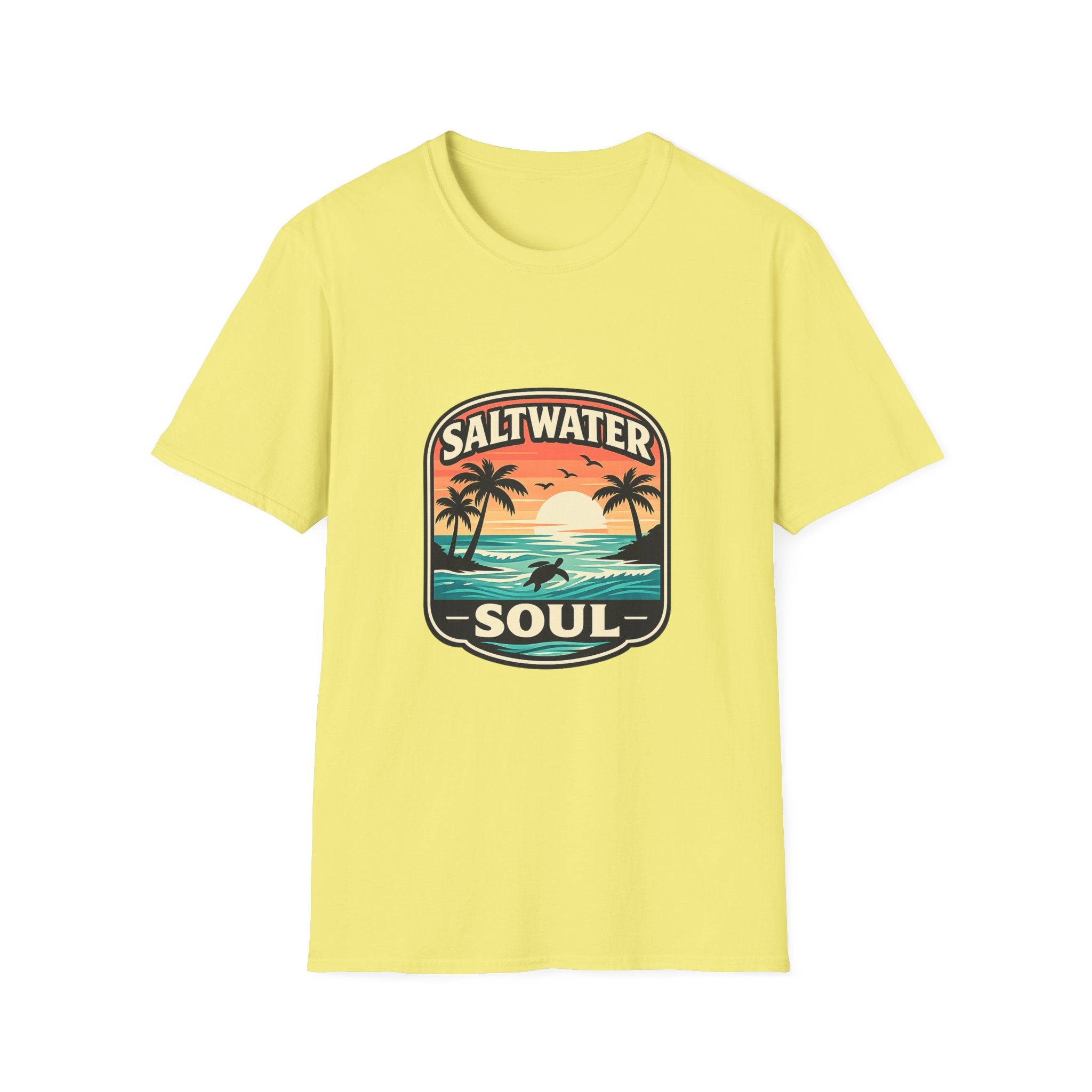 Saltwater Soul Retro Beach T-Shirt — Cute Coastal Gift for Women Sunset Palm Tee