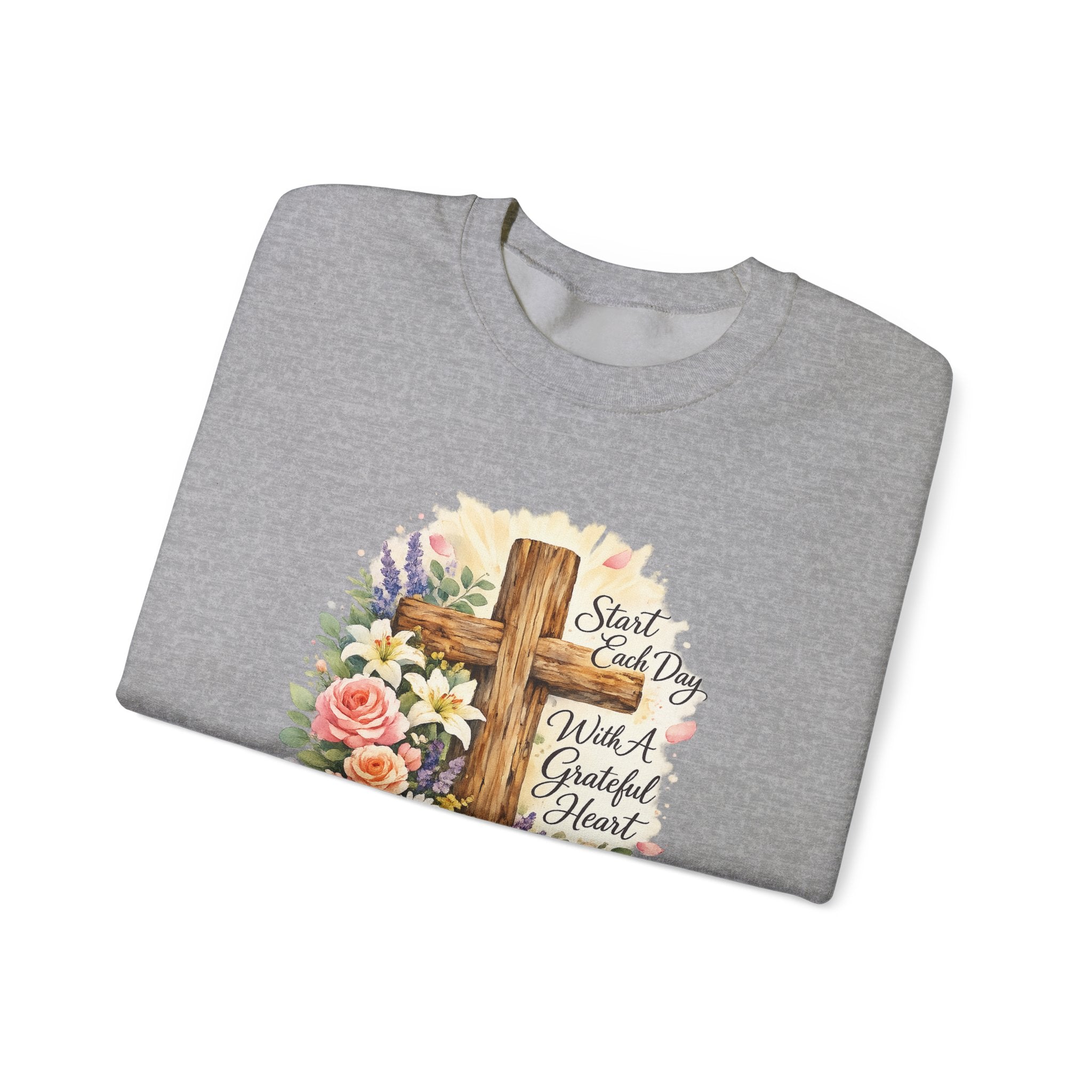 Christian Crewneck Sweatshirt — "Start Each Day with a Grateful Heart" Floral Cross