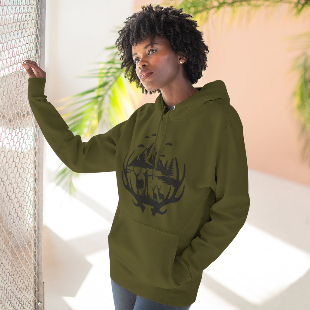 Deer Antler Mountain Hoodie — Rustic Outdoor Gift for Him Wildlife Graphic Pullover