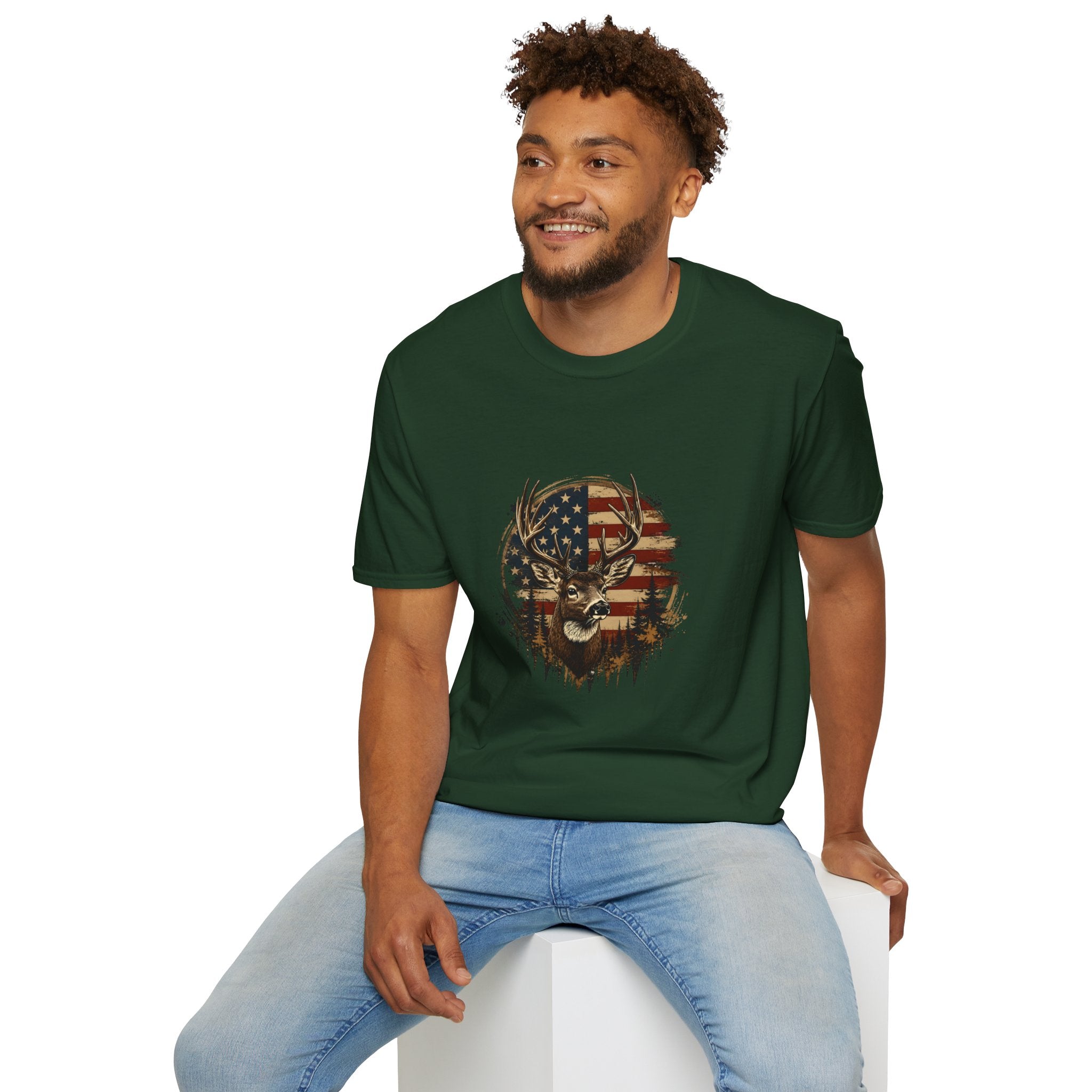 American Flag Deer T-Shirt — Patriotic Buck Gift for Hunters Men's Graphic Tee