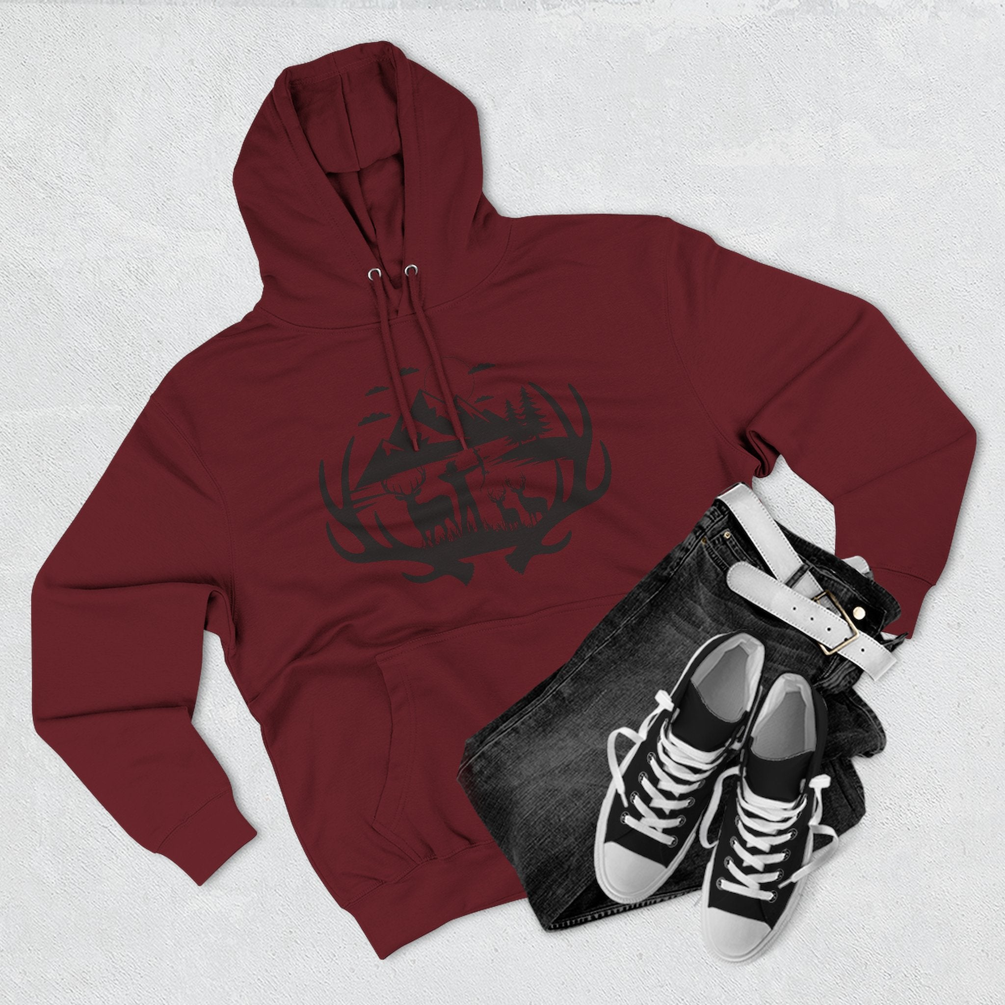 Deer Antler Mountain Hoodie — Rustic Outdoor Gift for Him Wildlife Graphic Pullover
