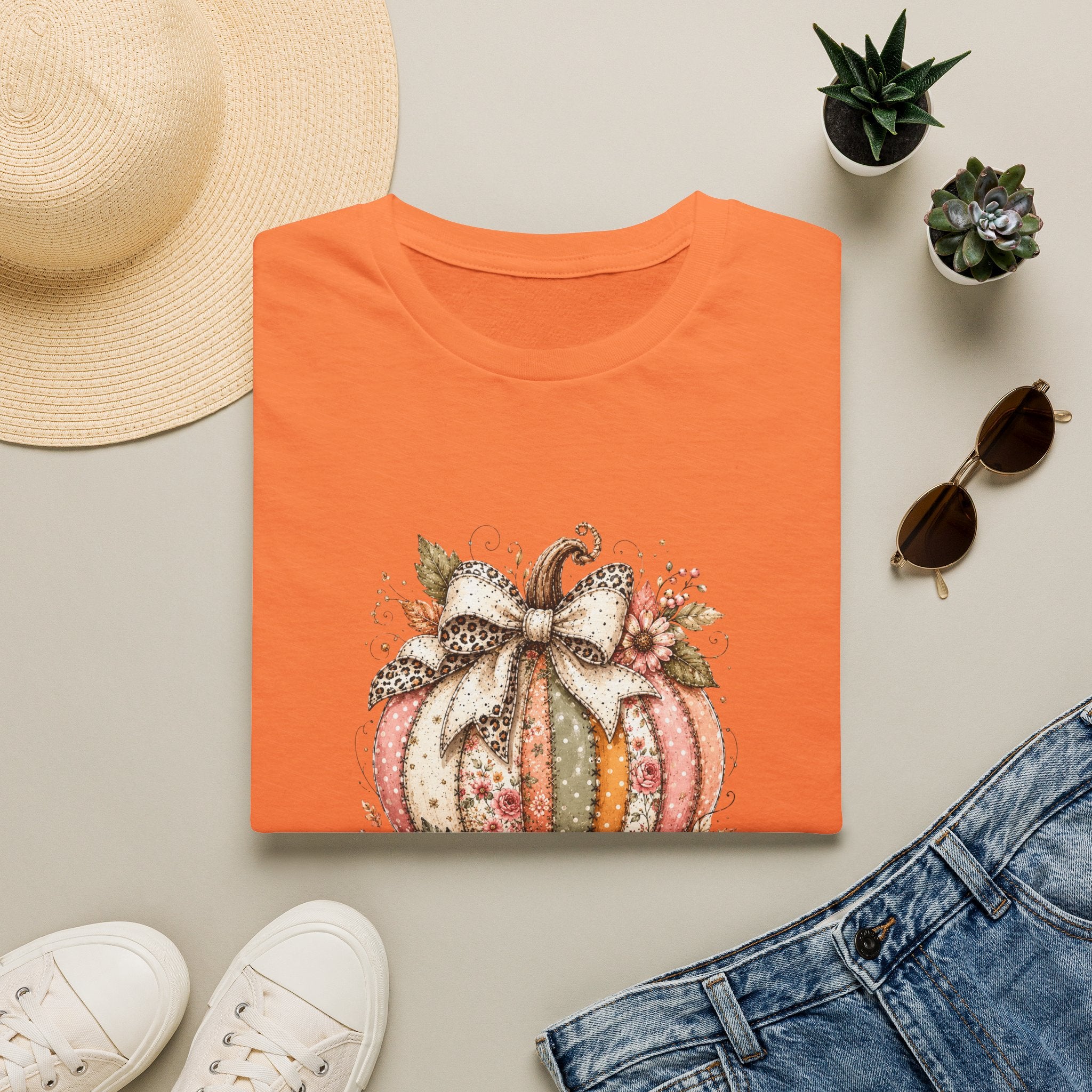 Autumn Floral Pumpkin Leopard Bow T-Shirt — Cute Fall Gift for Women Graphic Tee