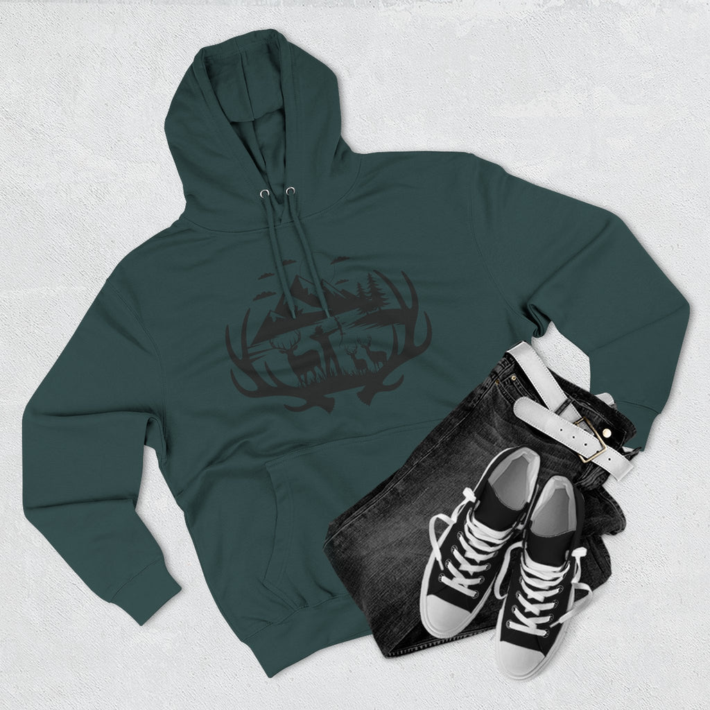 Deer Antler Mountain Hoodie — Rustic Outdoor Gift for Him Wildlife Graphic Pullover