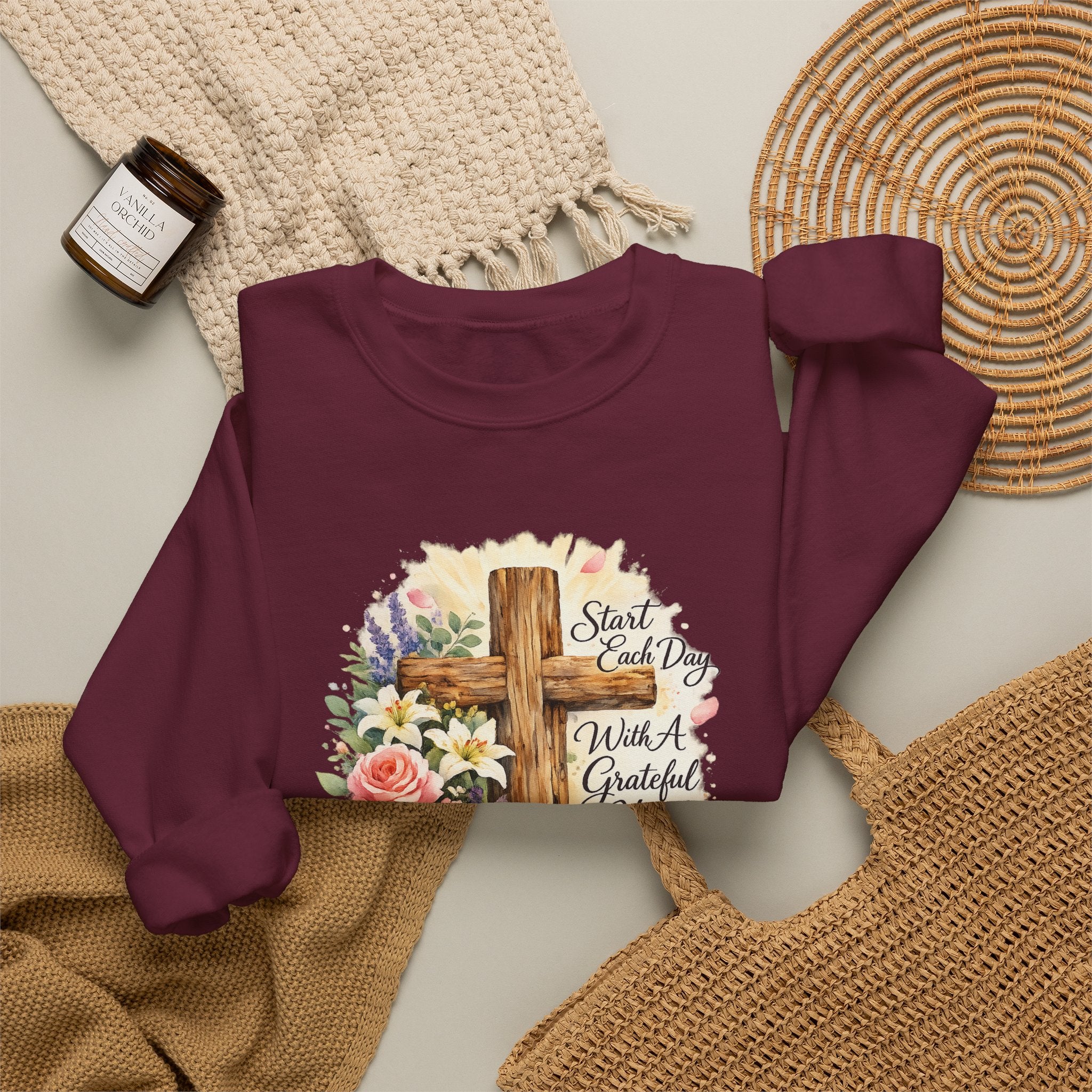Christian Crewneck Sweatshirt — "Start Each Day with a Grateful Heart" Floral Cross