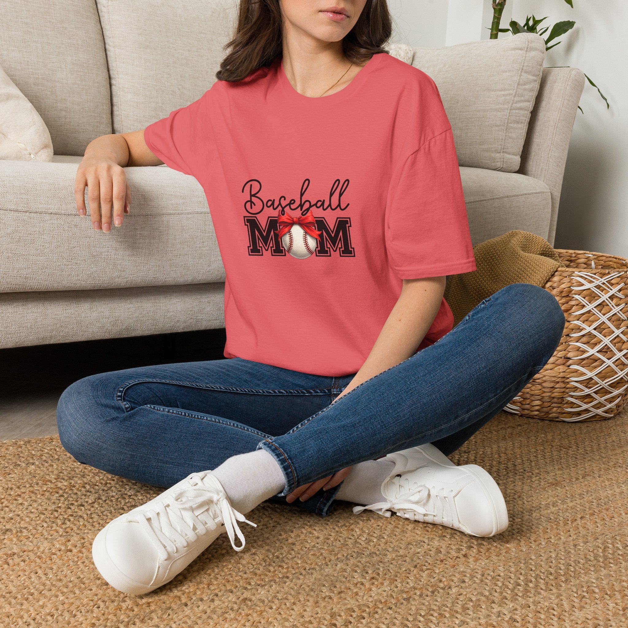 Baseball Mom T-Shirt — Cute Red Bow Gift for Sports Moms Game Day Graphic Tee