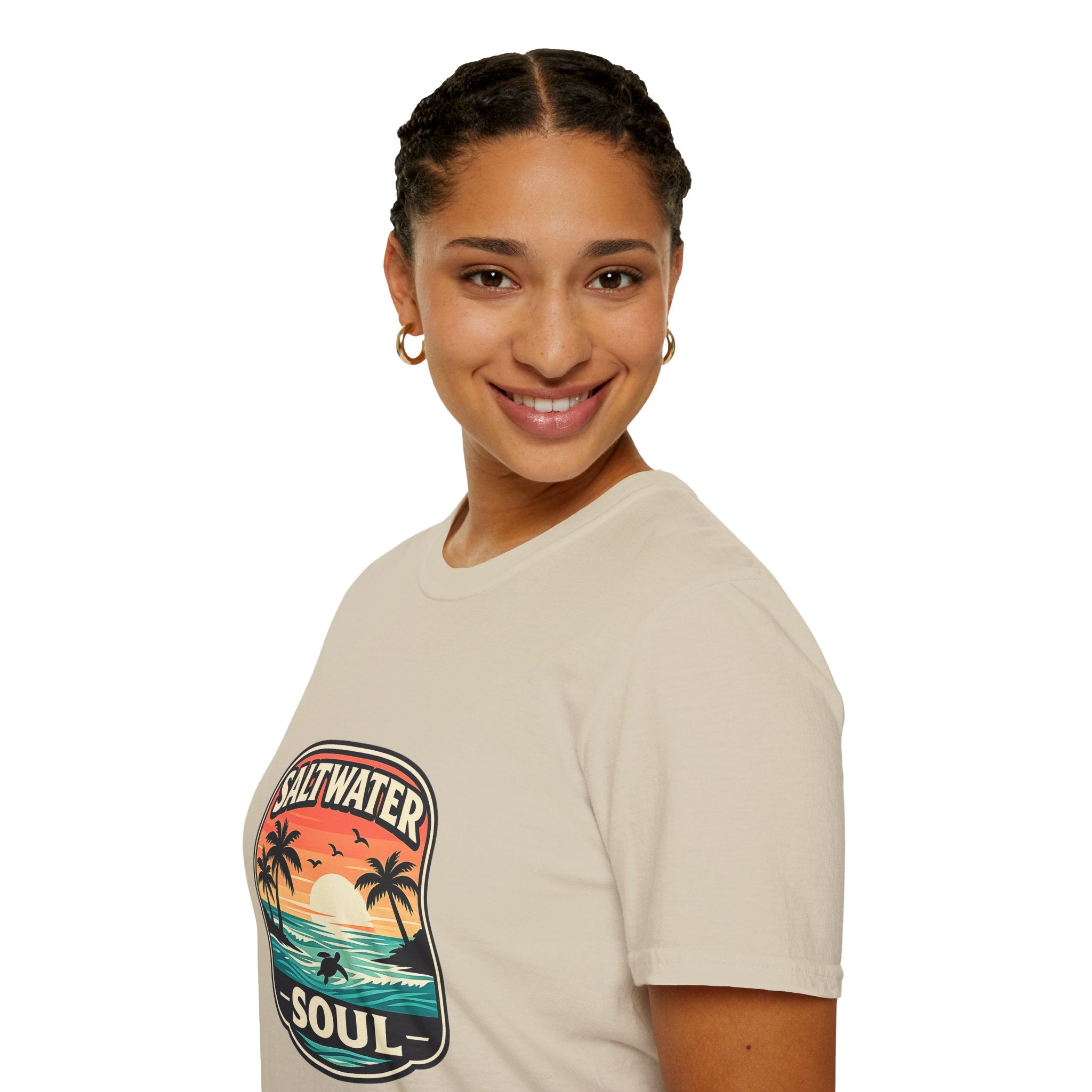 Saltwater Soul Retro Beach T-Shirt — Cute Coastal Gift for Women Sunset Palm Tee
