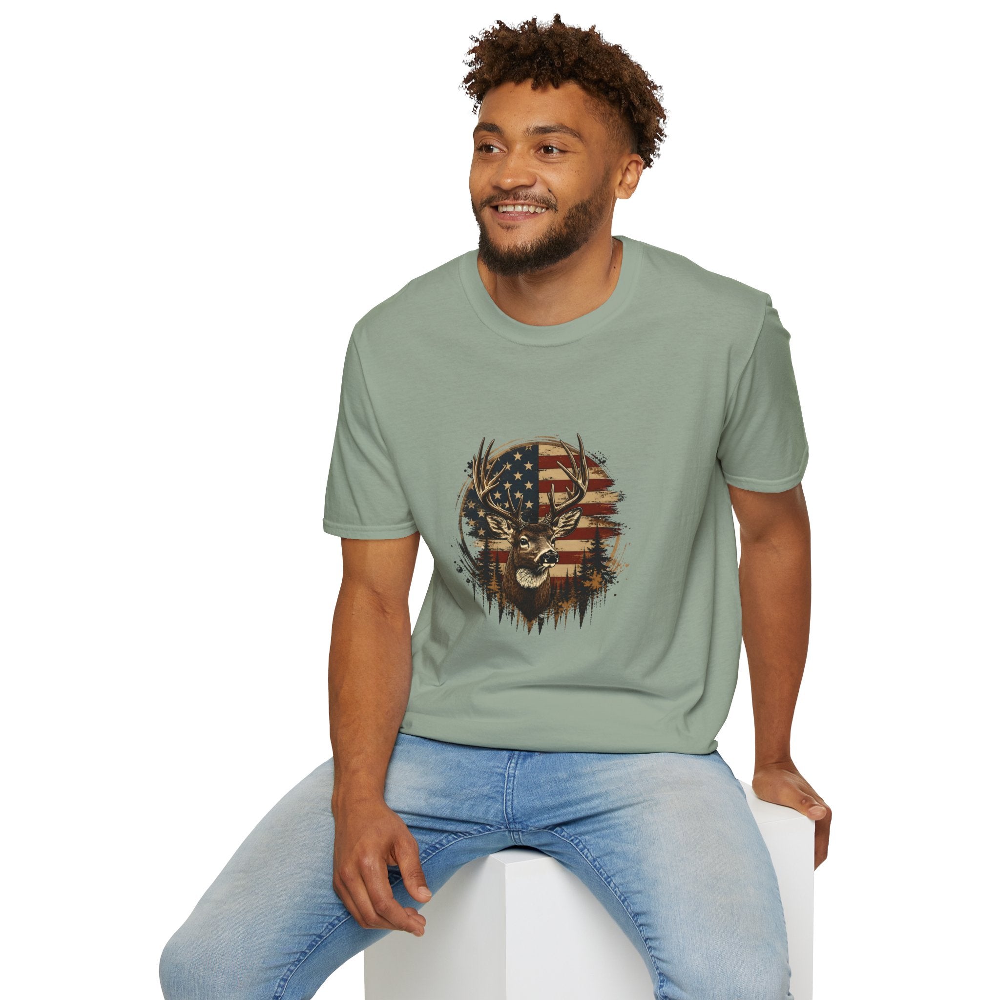 American Flag Deer T-Shirt — Patriotic Buck Gift for Hunters Men's Graphic Tee