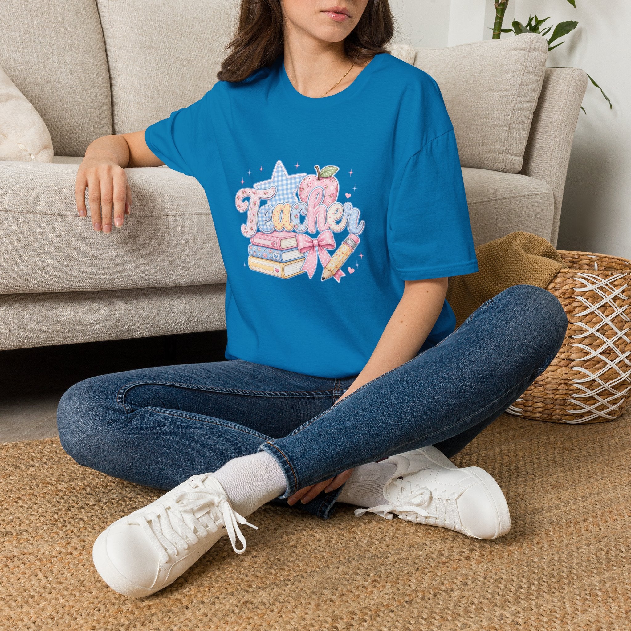 Cute Pastel Apple & Books Teacher T-Shirt — Funny Back-to-School Gift Graphic Tee