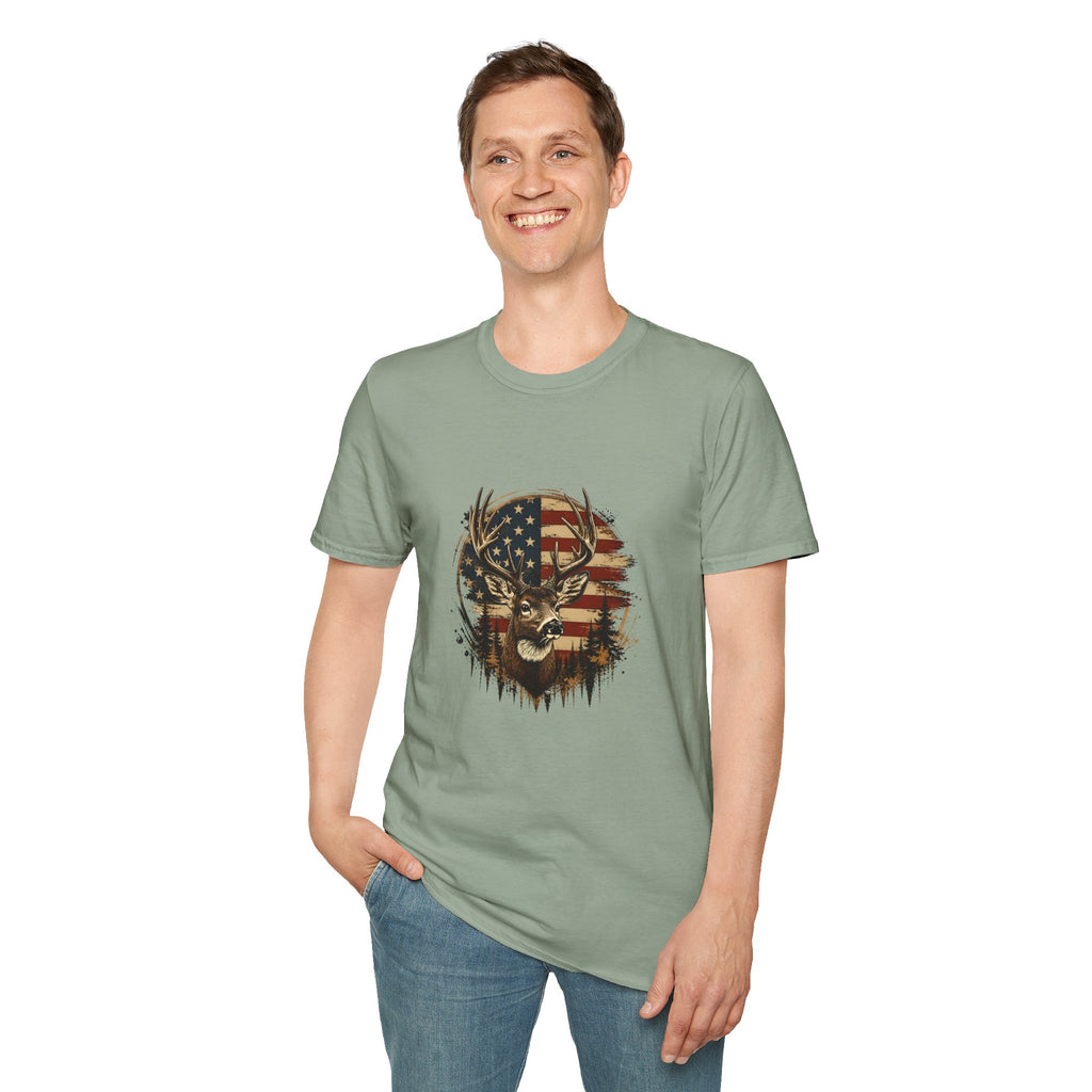 American Flag Deer T-Shirt — Patriotic Buck Gift for Hunters Men's Graphic Tee