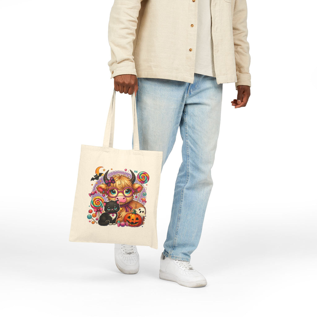Halloween Cow Costume Canvas Tote Bag — Cute Funny Gift for Her Pumpkin & Cat Shopper