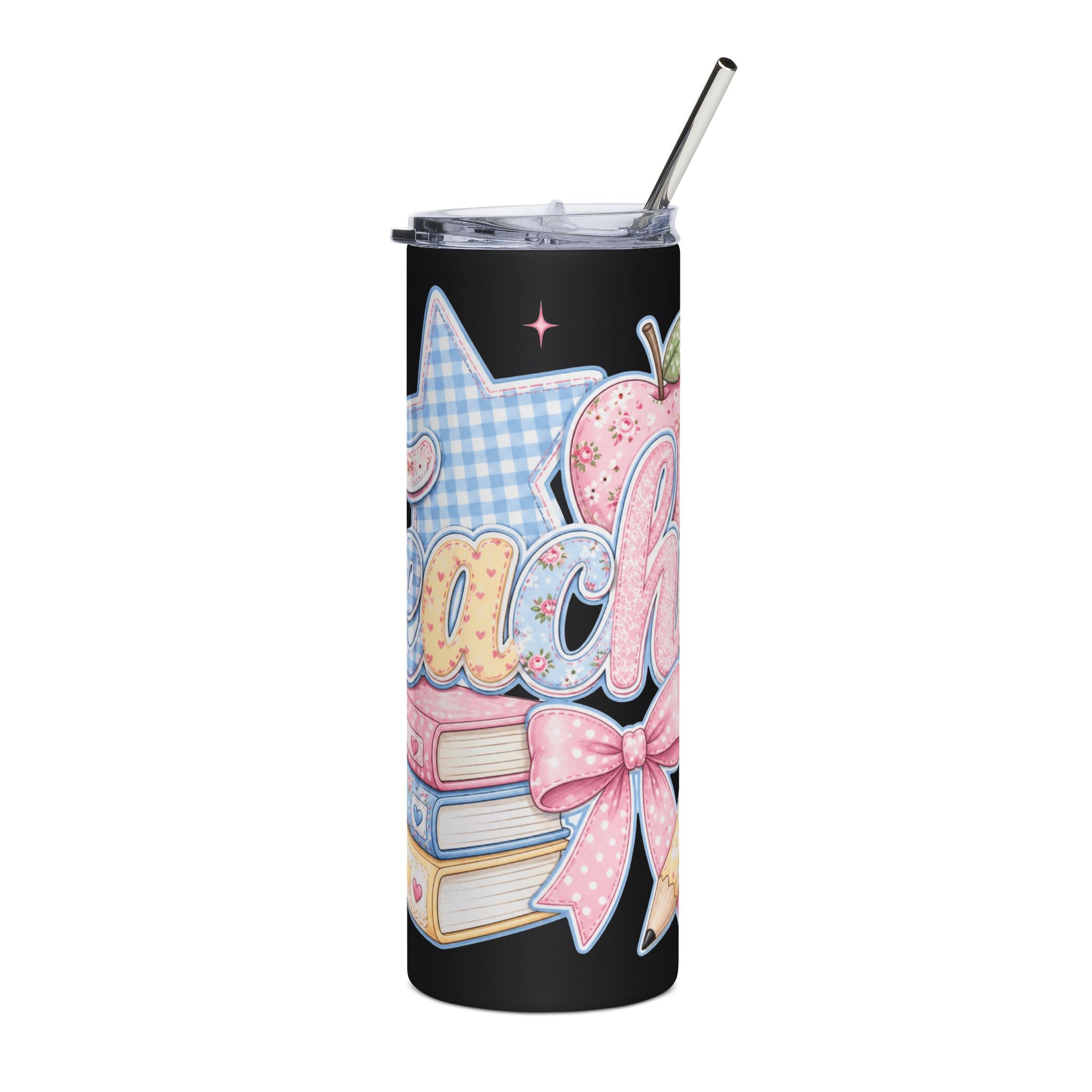 Cute Pastel Books & Apple Teacher Tumbler — Cute Appreciation Gift for Teachers 20oz