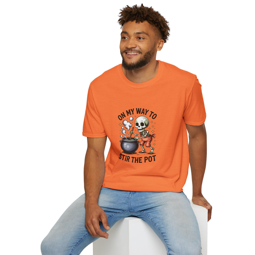On My Way to Stir the Pot Skeleton T-Shirt — Funny Halloween Gift for Women