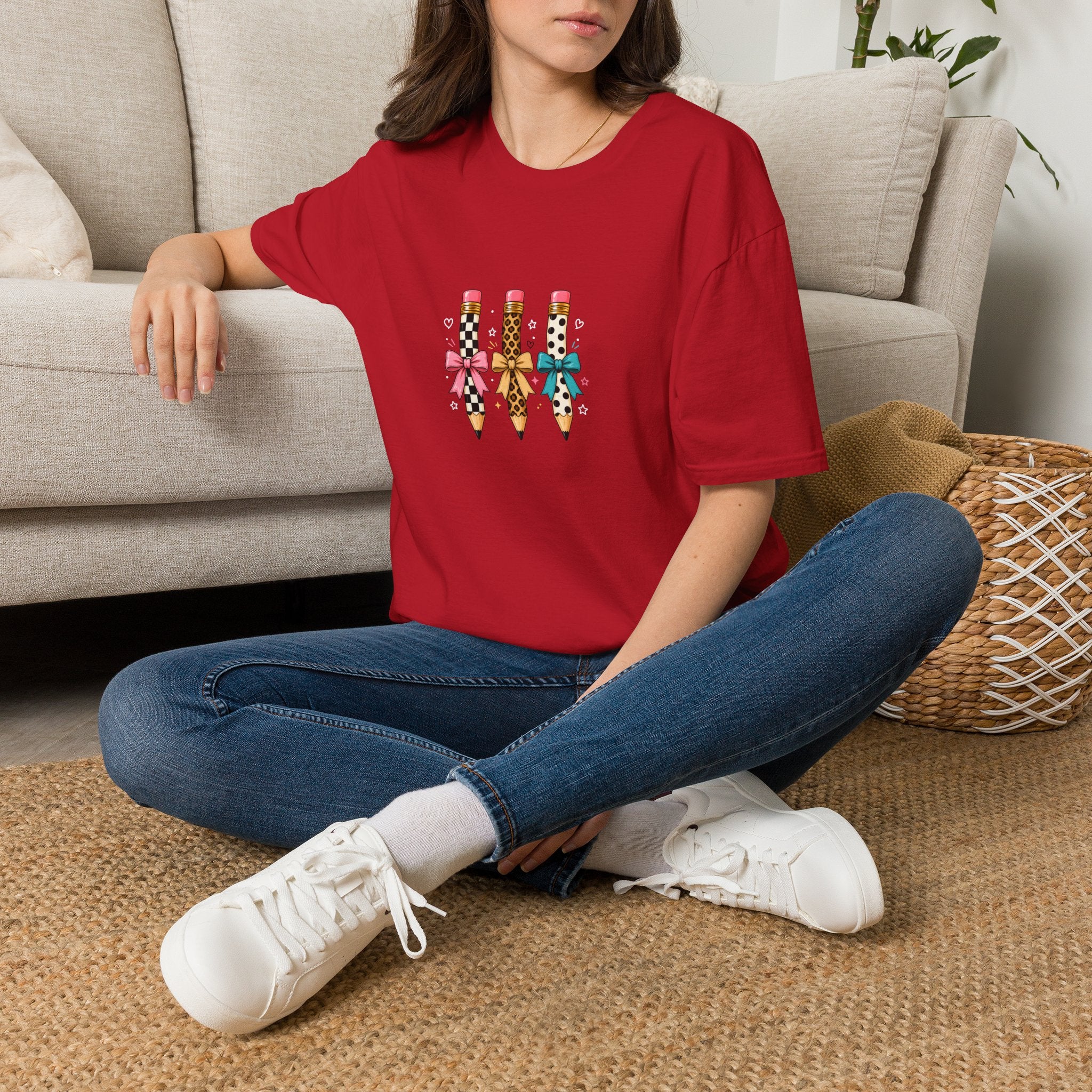 Pencil Trio Graphic T-Shirt — Cute Patterned Pencils with Bows
