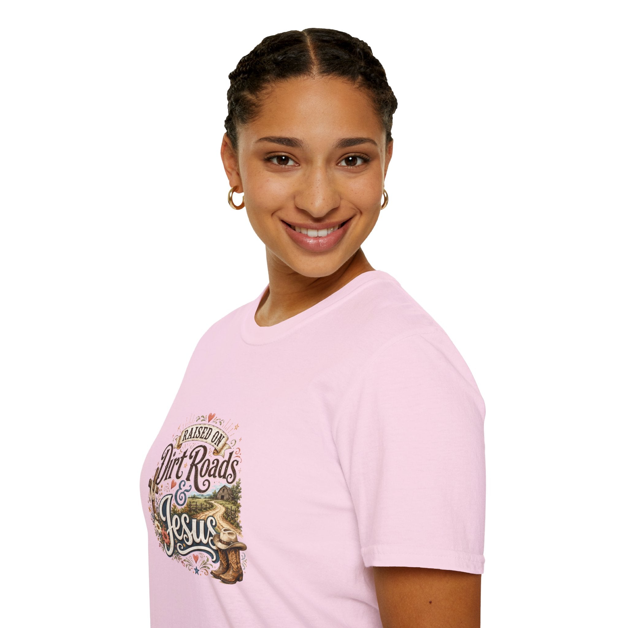 Raised on Dirt Roads & Jesus T-Shirt — Rustic Christian Gift for Women Faith Tee