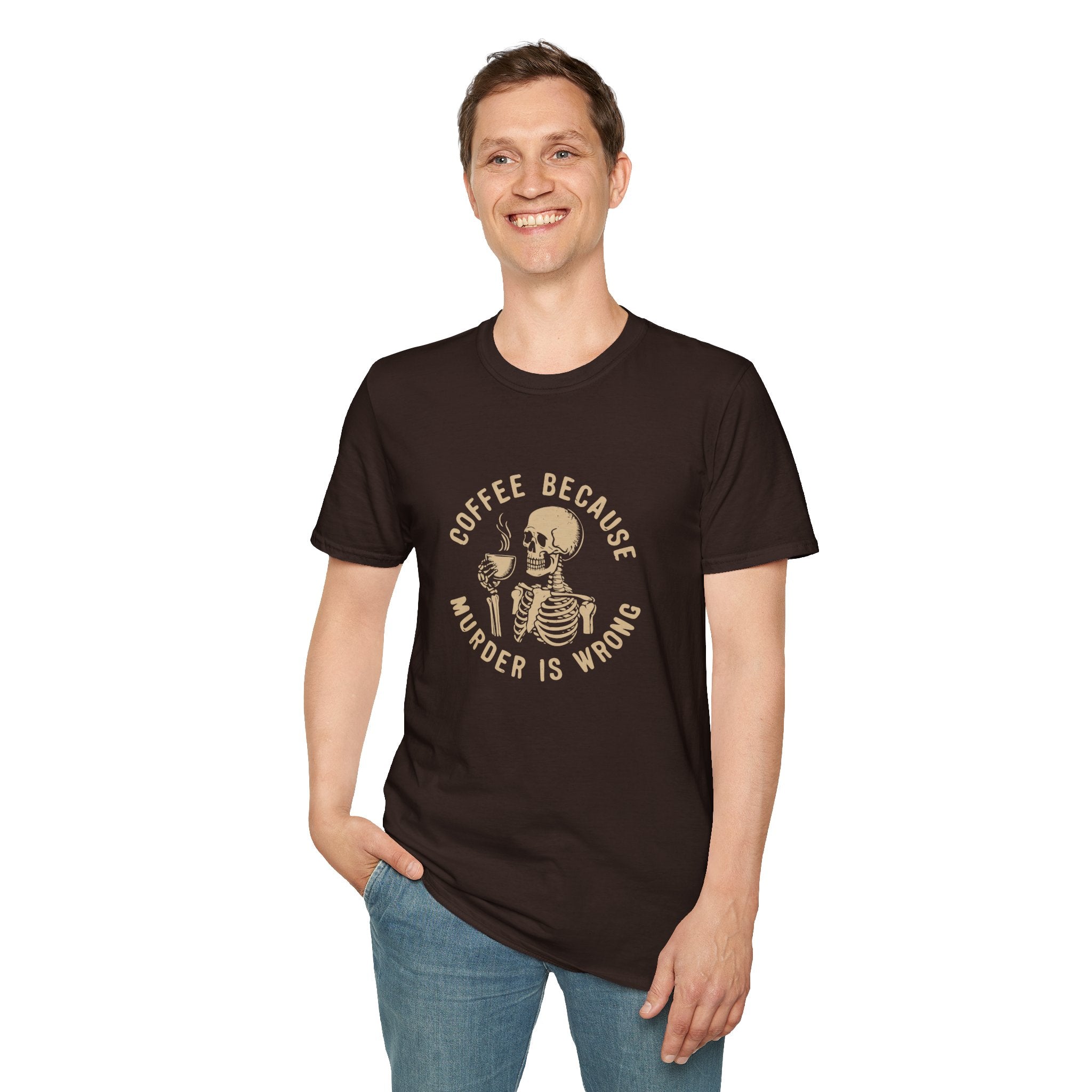 Coffee Because Murder Is Wrong Skull T-Shirt — Funny Dark Humor Gift for Her Graphic Tee