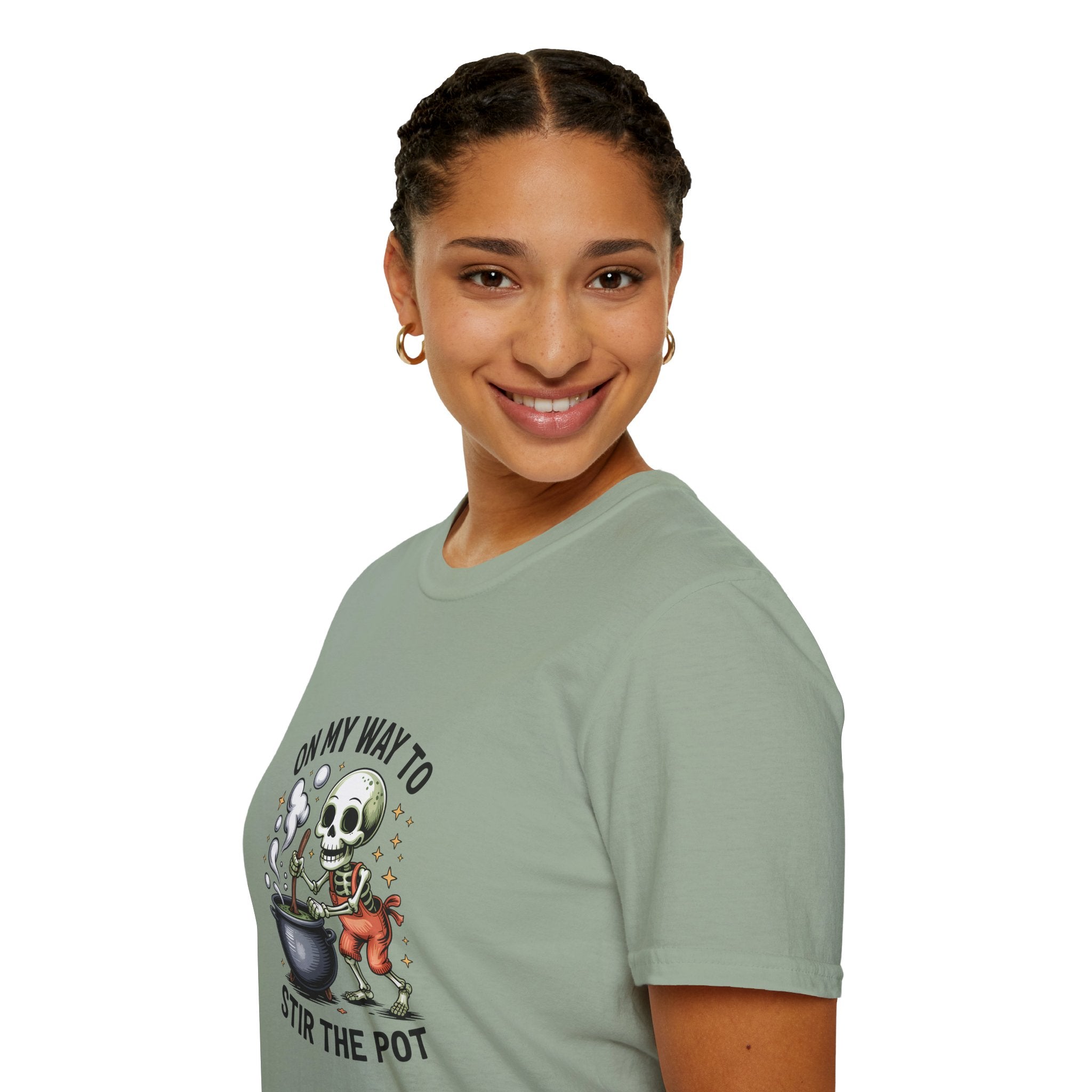 On My Way to Stir the Pot Skeleton T-Shirt — Funny Halloween Gift for Women