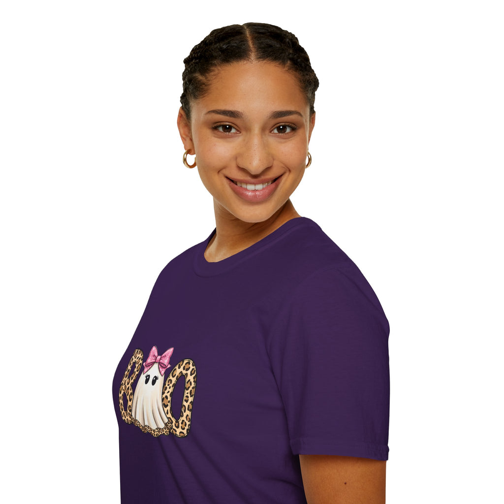Boo Leopard Ghost T-Shirt — Cute Pink Bow Halloween Gift for Women Graphic Tee