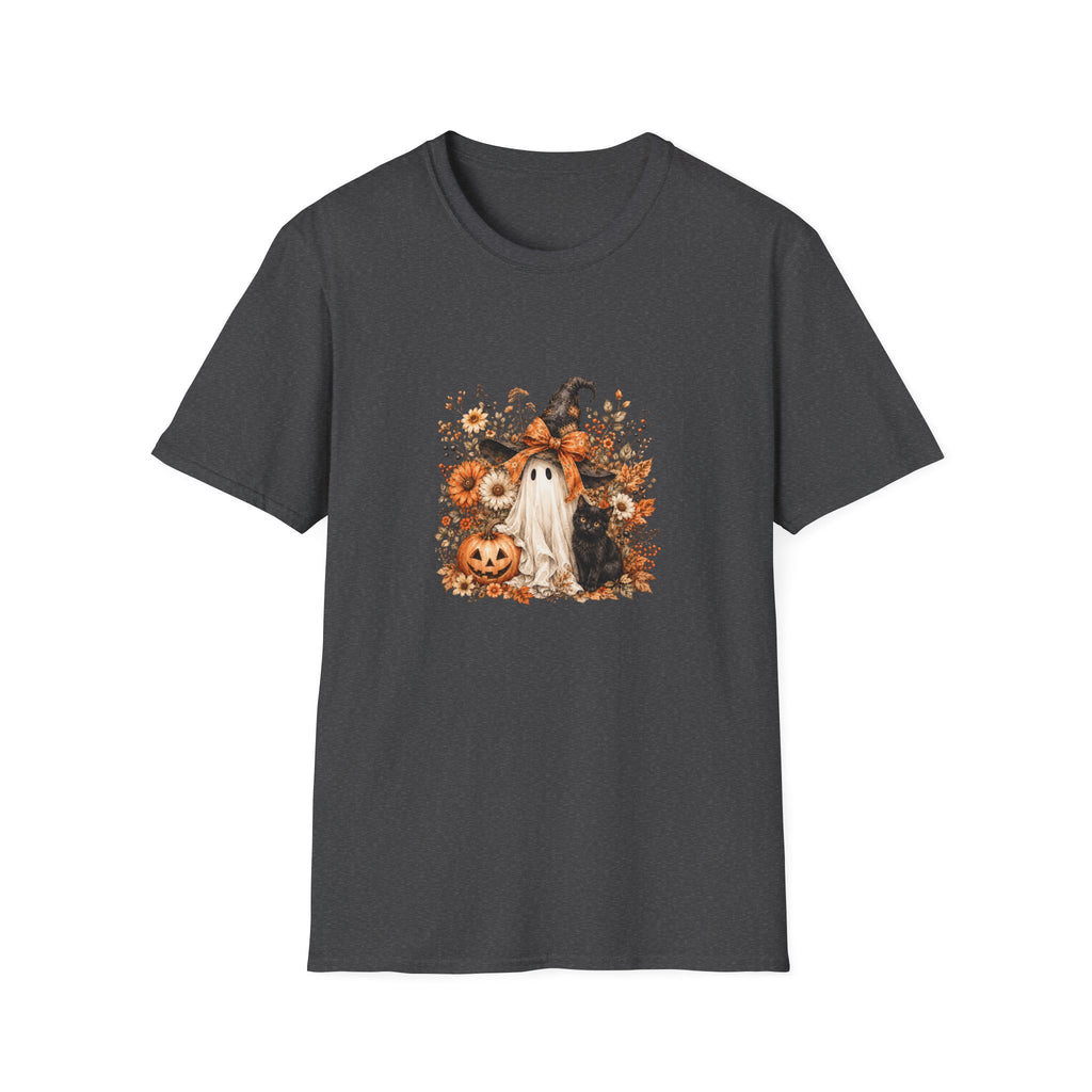 Halloween Witch Ghost & Cat T-Shirt — Cute Spooky Gift for Women Fall Floral Tee
