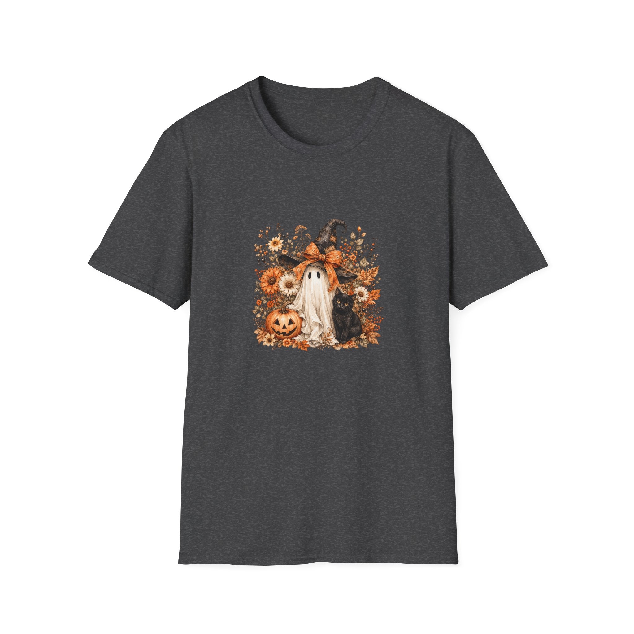 Halloween Witch Ghost & Cat T-Shirt — Cute Spooky Gift for Women Fall Floral Tee