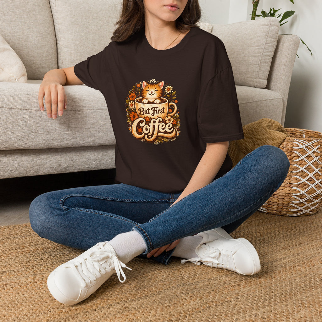 But First Coffee Cat T-Shirt — Cute Floral Gift for Coffee Lovers Women's Tee