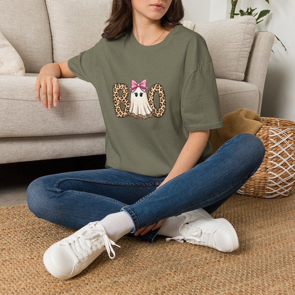 Boo Leopard Ghost T-Shirt — Cute Pink Bow Halloween Gift for Women Graphic Tee