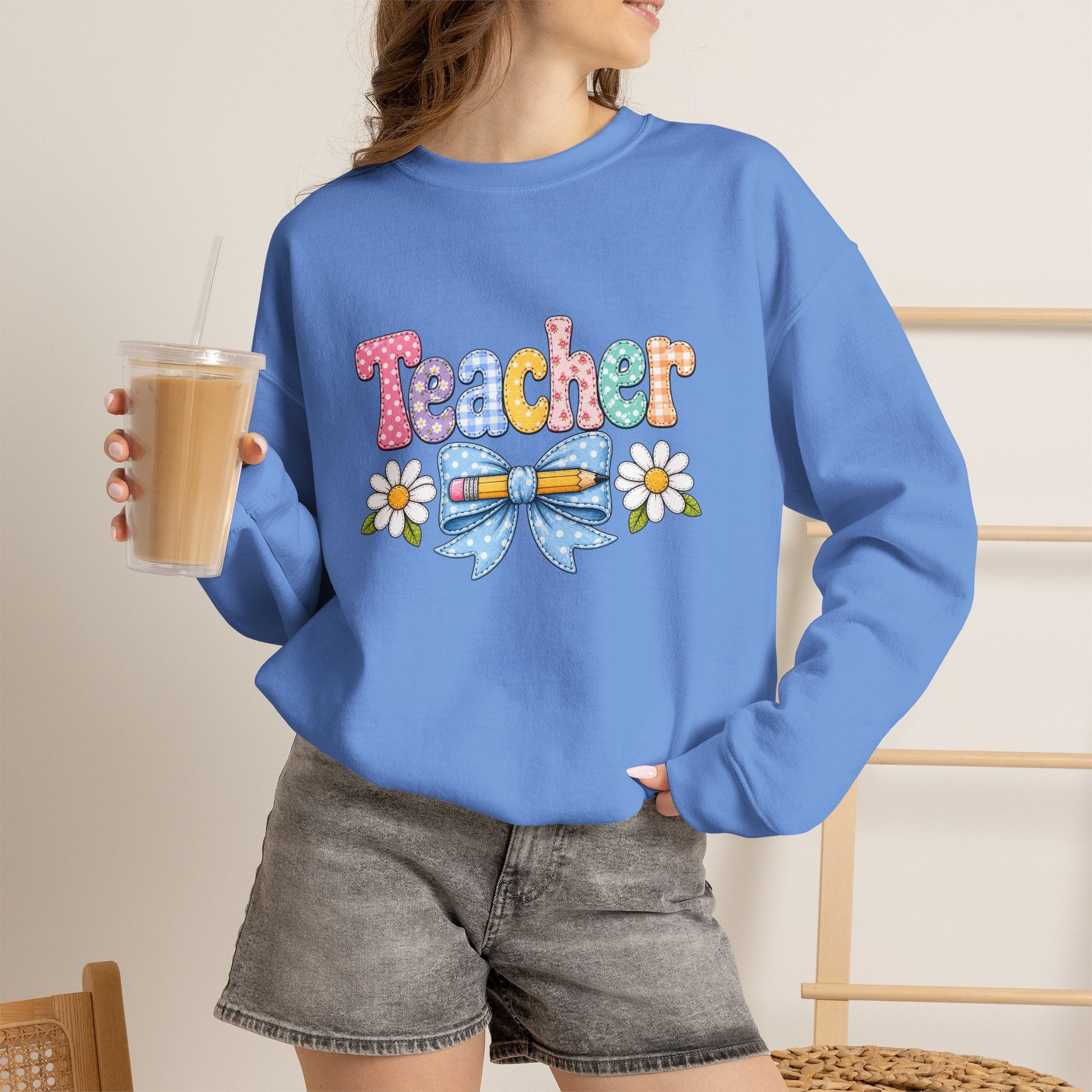 Teacher Floral Bow Sweatshirt — Cute Pastel Gift for Teachers Appreciation Crewneck