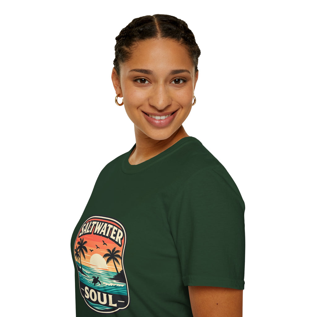 Saltwater Soul Retro Beach T-Shirt — Cute Coastal Gift for Women Sunset Palm Tee