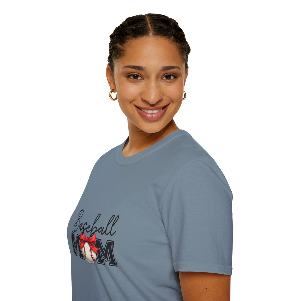 Baseball Mom T-Shirt — Cute Red Bow Gift for Sports Moms Game Day Graphic Tee