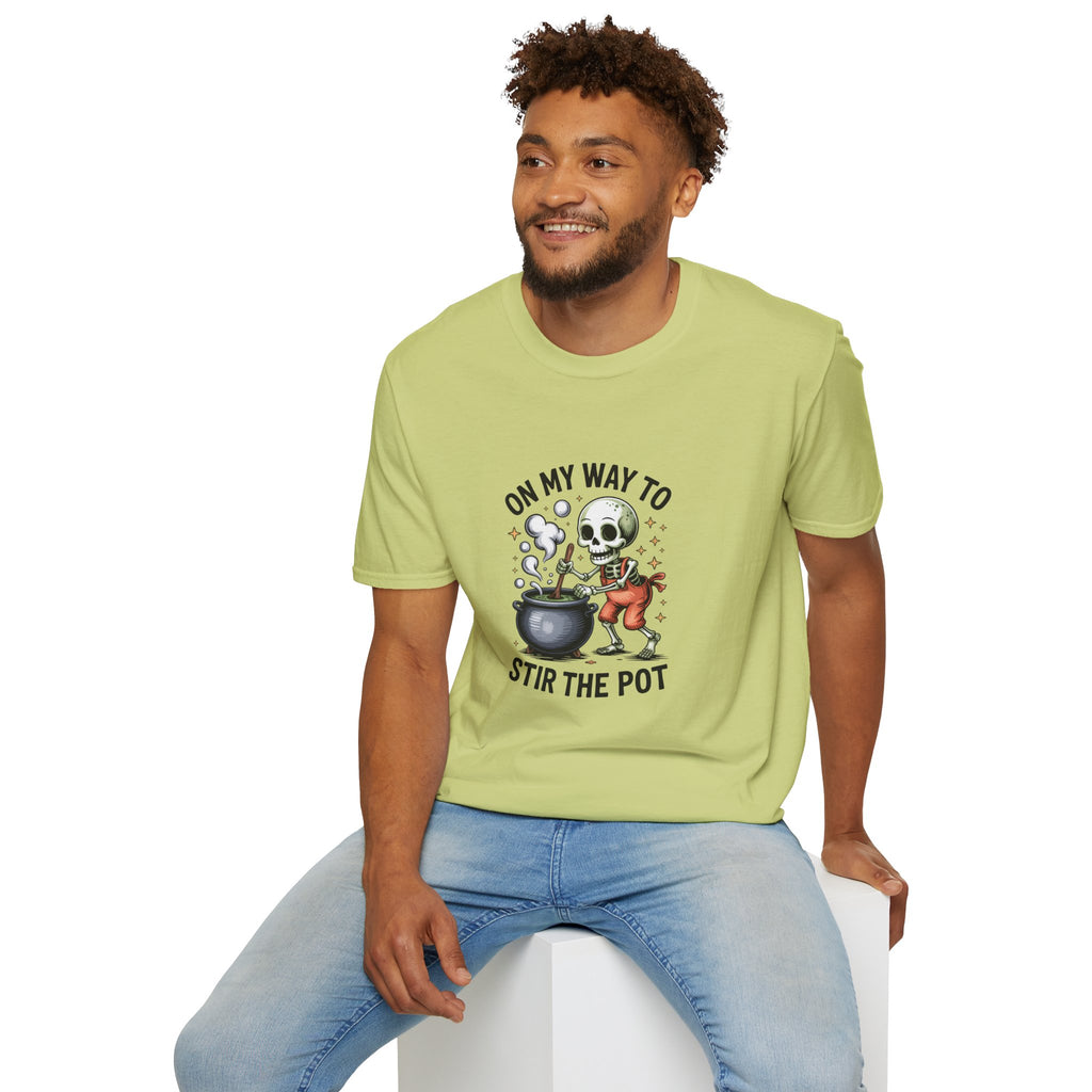 On My Way to Stir the Pot Skeleton T-Shirt — Funny Halloween Gift for Women